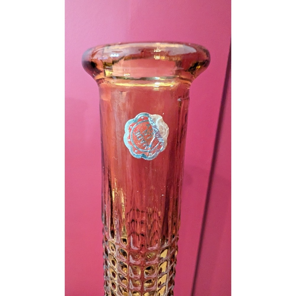 2 Vintage MCM Empoli Amber Diamond Point Glass Genie Bottle Decanter 22" Italy - Picture 13 of 16